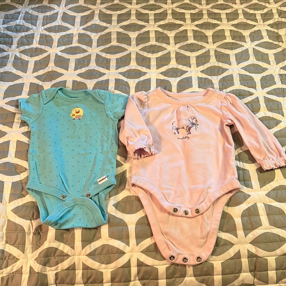 A short sleeve and 1 long sleeve Spring/Easter themed cotton crotch snap tshirts